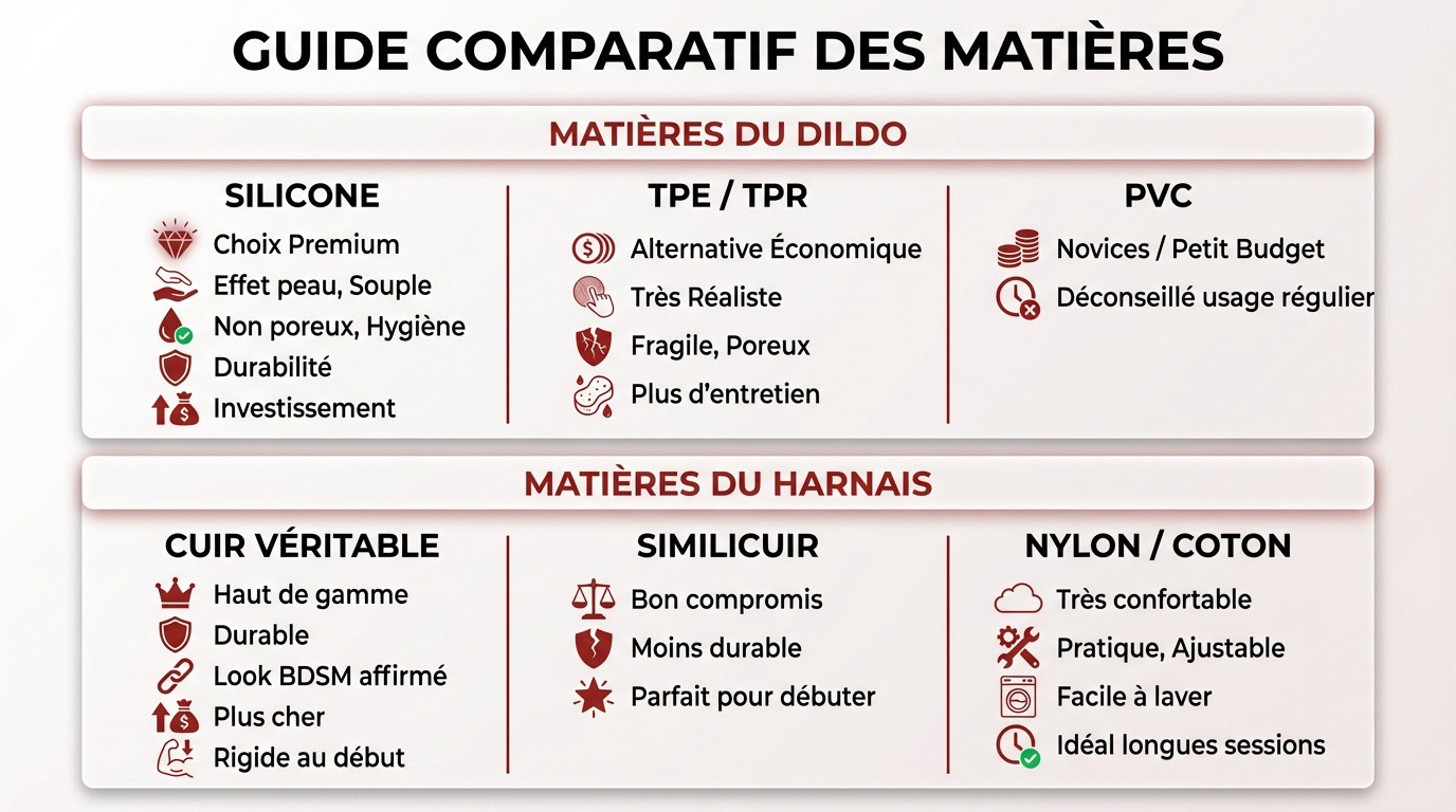 Comparatif visuel des matières de gode ceinture : silicone, TPE et PVC