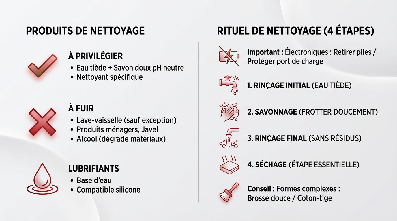 Guide visuel des produits et étapes pour nettoyer ses sextoys efficacement