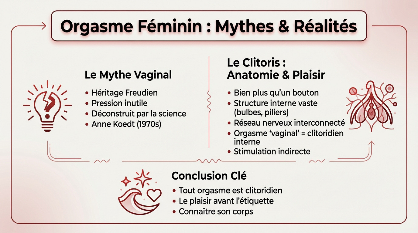 Schéma illustrant la différence entre le mythe de l'orgasme vaginal et la réalité anatomique du clitoris
