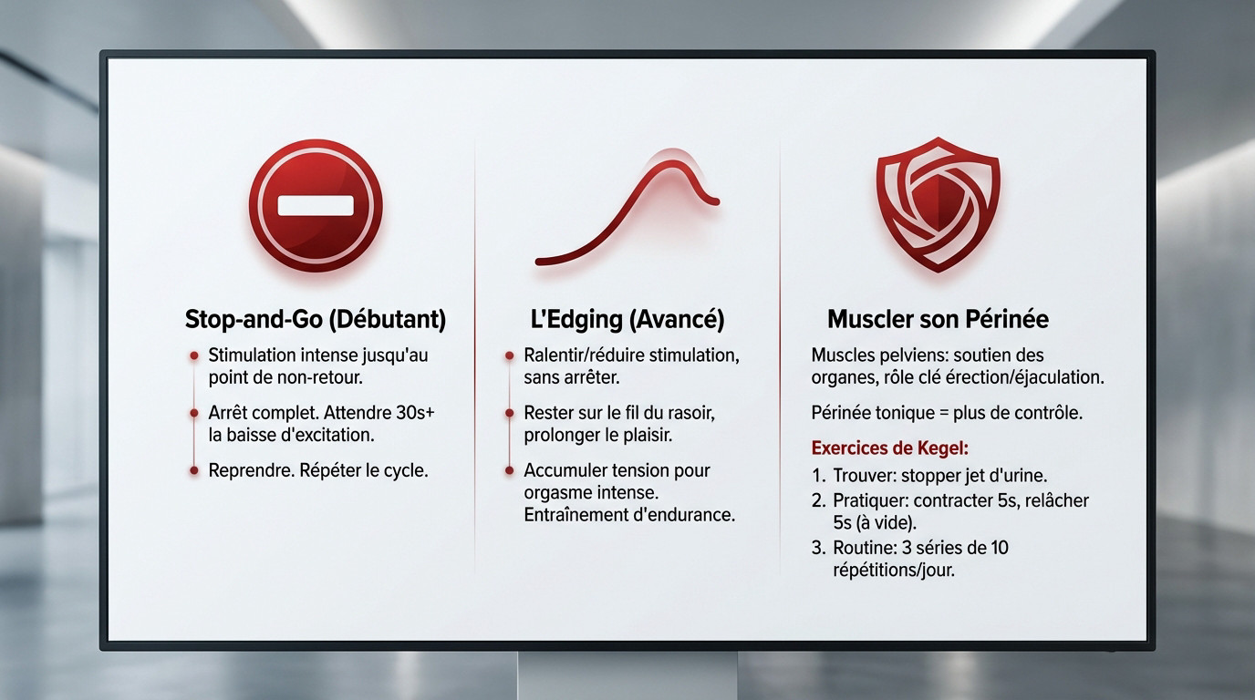 Illustration des techniques de contrôle sexuel masculin : stop-and-go, edging et renforcement du périnée