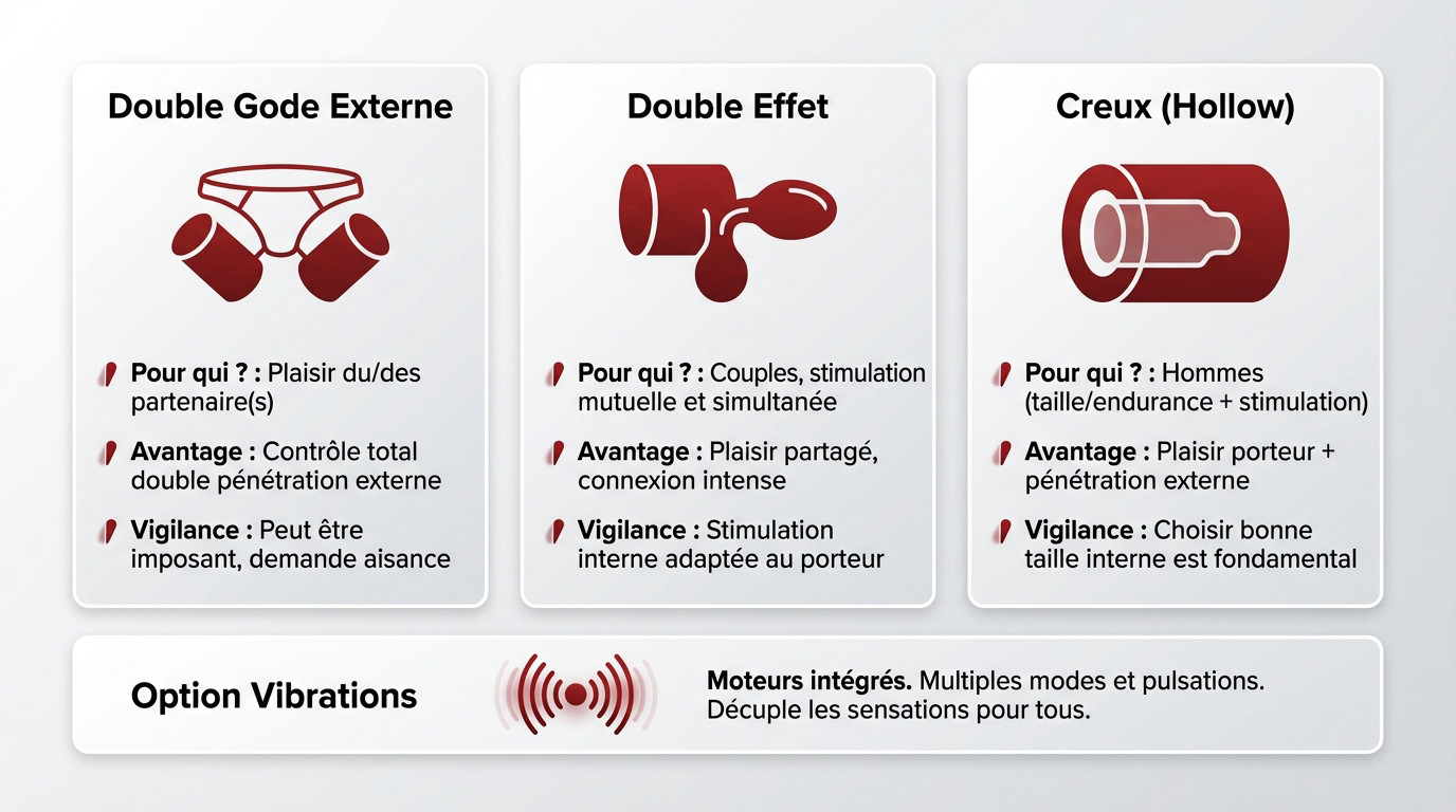 Infographie explicative des différents types de godes ceintures et strap-ons pour choisir le bon modèle