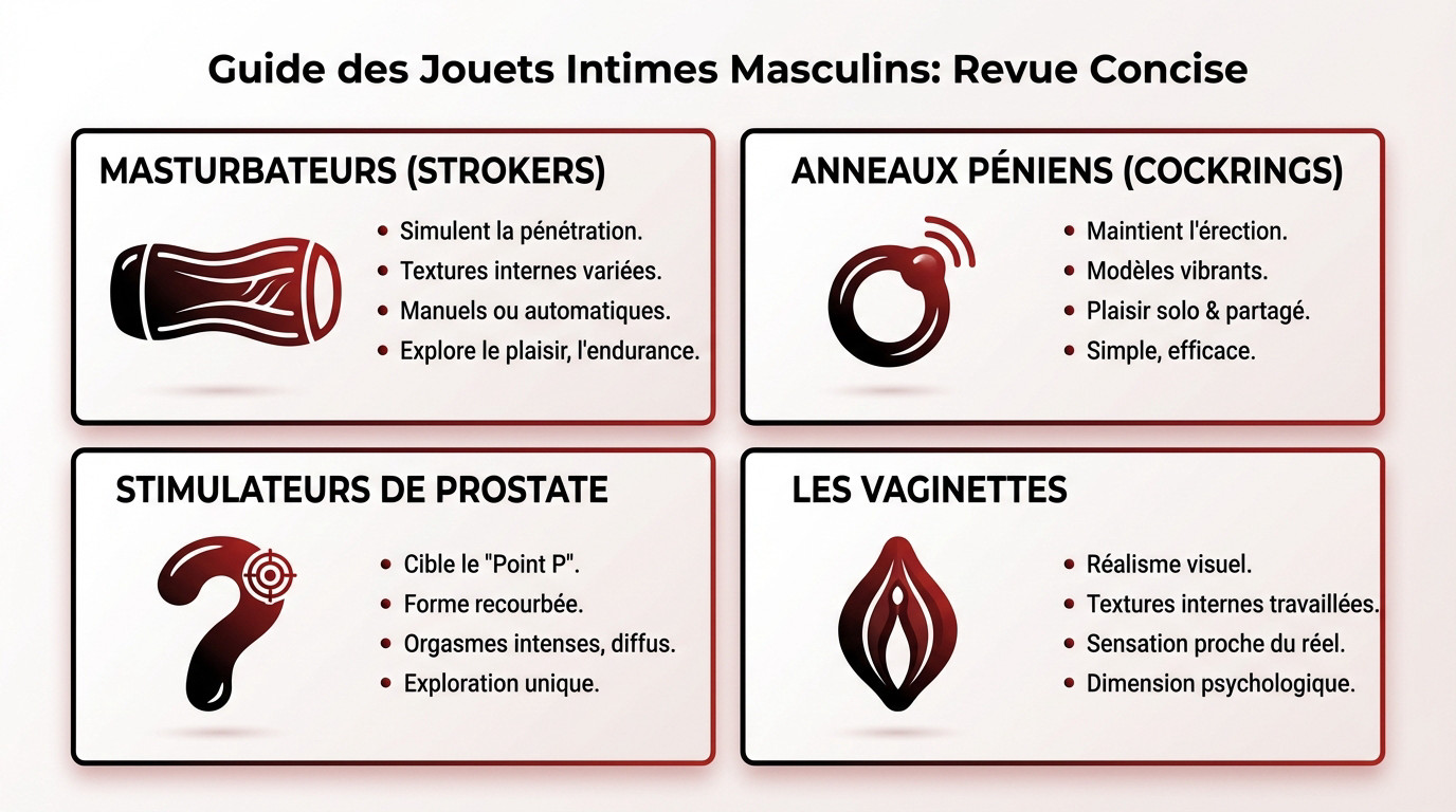 Collection variée de sextoys masculins modernes posés sur une surface épurée