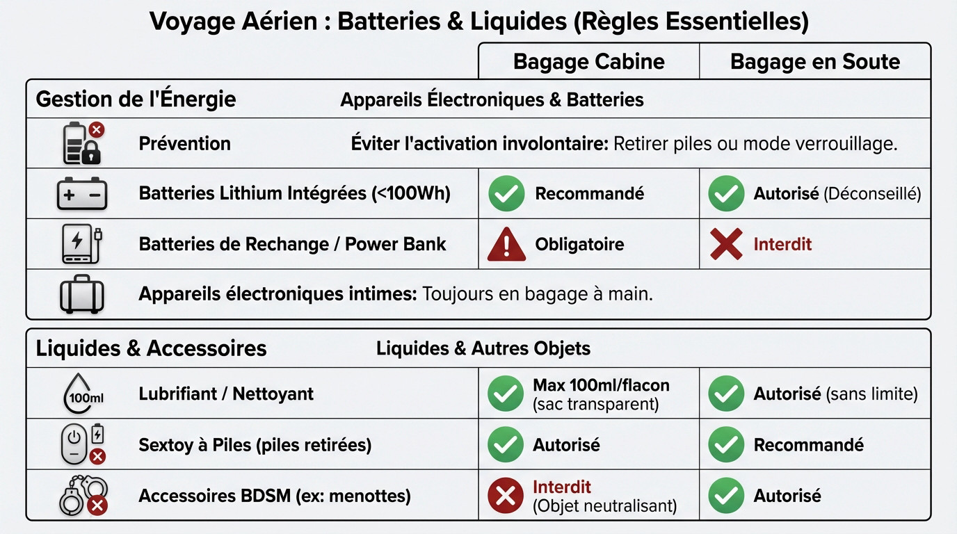 Règles de sécurité aéroport pour batteries et liquides de sextoys