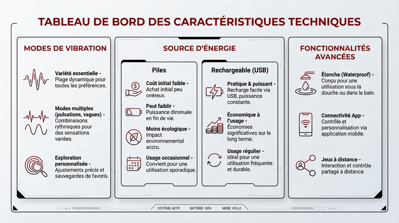 Tableau de bord des caractéristiques techniques d'un vibromasseur Point G
