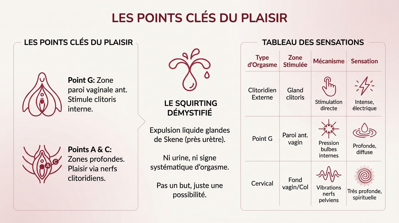 Schéma anatomique illustrant les points G A et C ainsi que les glandes de Skene pour le plaisir féminin