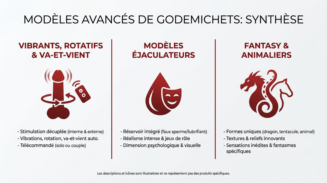 Comparatif visuel des différents types de godes ventouses avancés : vibrants, éjaculateurs et fantasy
