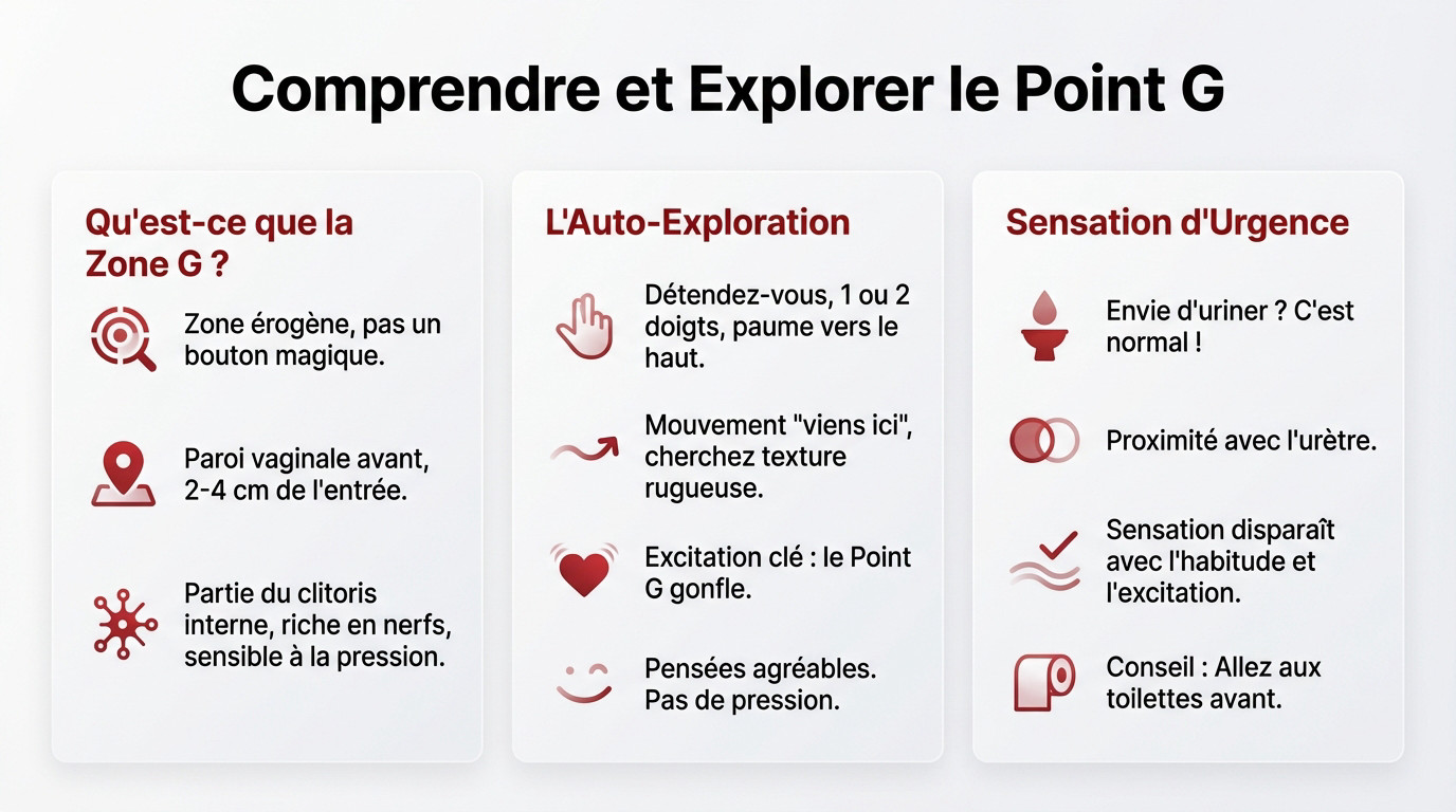 Schéma anatomique illustrant la position du point G et l'auto-exploration vaginale