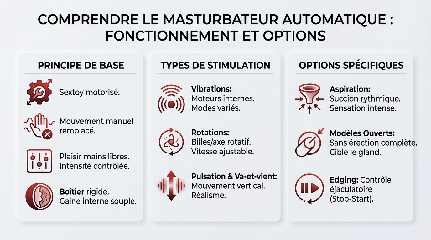 Schéma expliquant le fonctionnement et les options d'un masturbateur automatique