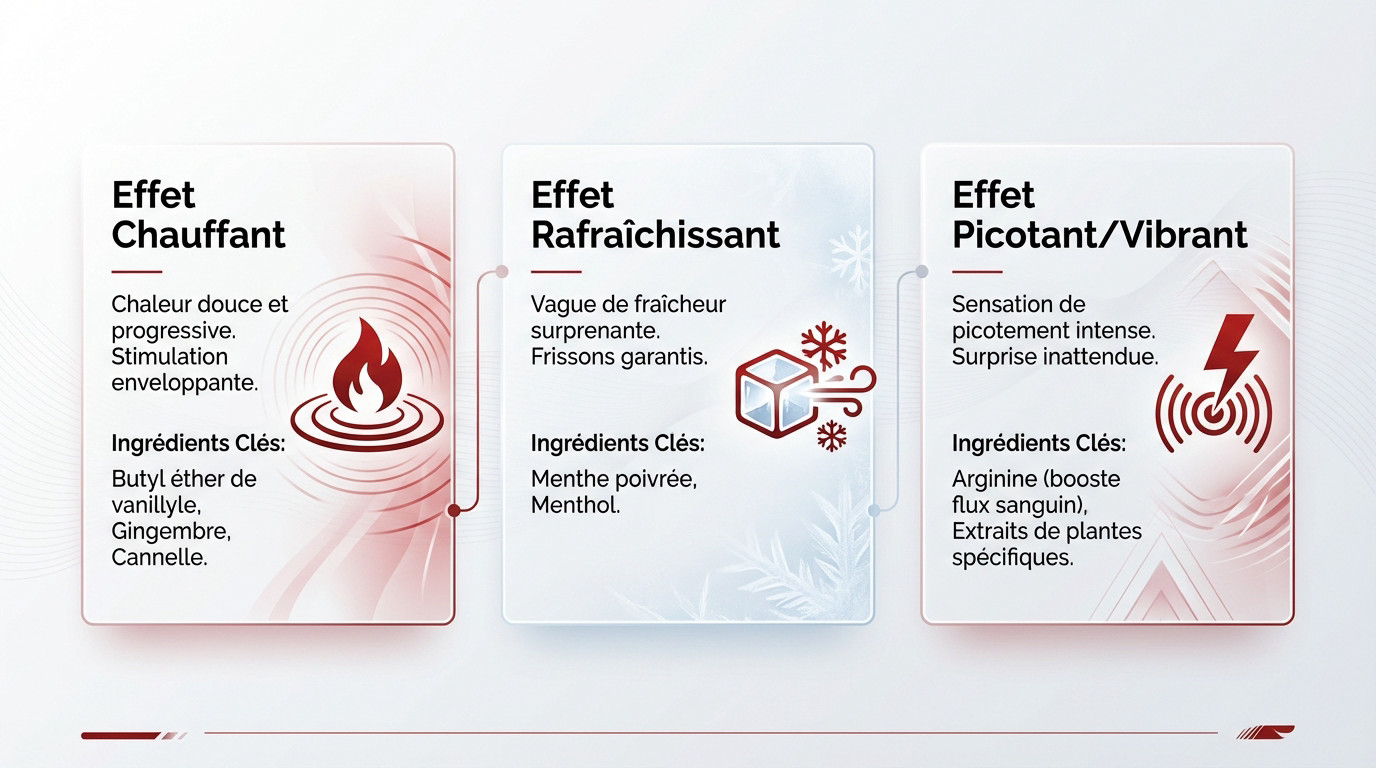 Infographie détaillant les effets sensoriels des gels orgasmiques et leurs ingrédients clés : chauffant, rafraîchissant et vibrant.