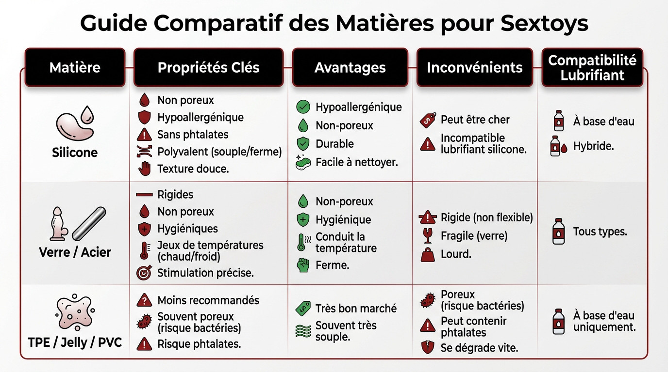 Tableau comparatif des matières de sextoys : silicone, verre et TPE