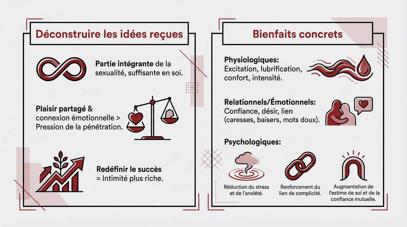 Schéma illustrant les idées reçues sur la sexualité versus les bienfaits concrets des préliminaires
