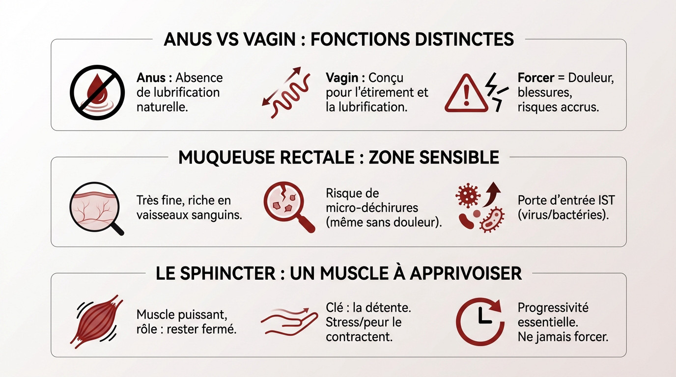 Schéma anatomique illustrant les différences entre le vagin et le rectum pour une pratique sécurisée
