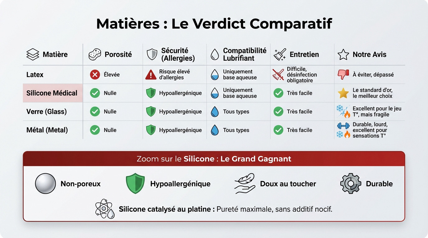 Tableau comparatif des matériaux de godemichets mettant en avant la supériorité du silicone face au latex