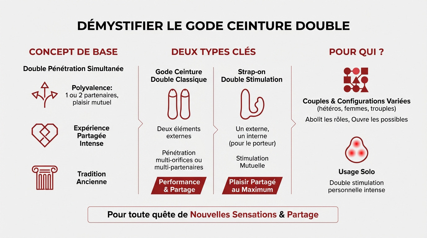 Illustration explicative des différents types de gode ceinture double et leurs usages