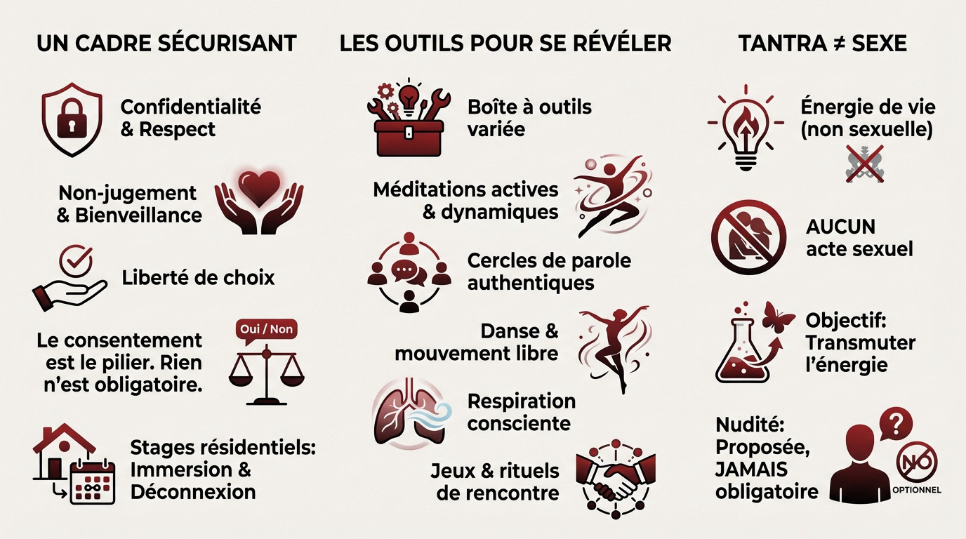 atelier de croissance personnelle avec cadre sécurisant et outils de tantra
