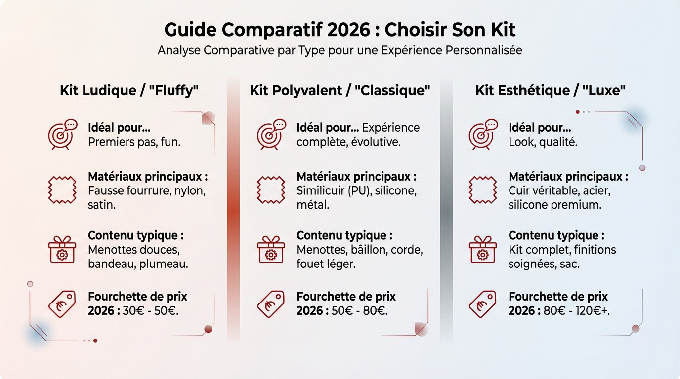 Tableau comparatif pour choisir son kit BDSM débutant en 2026 selon le budget et les envies