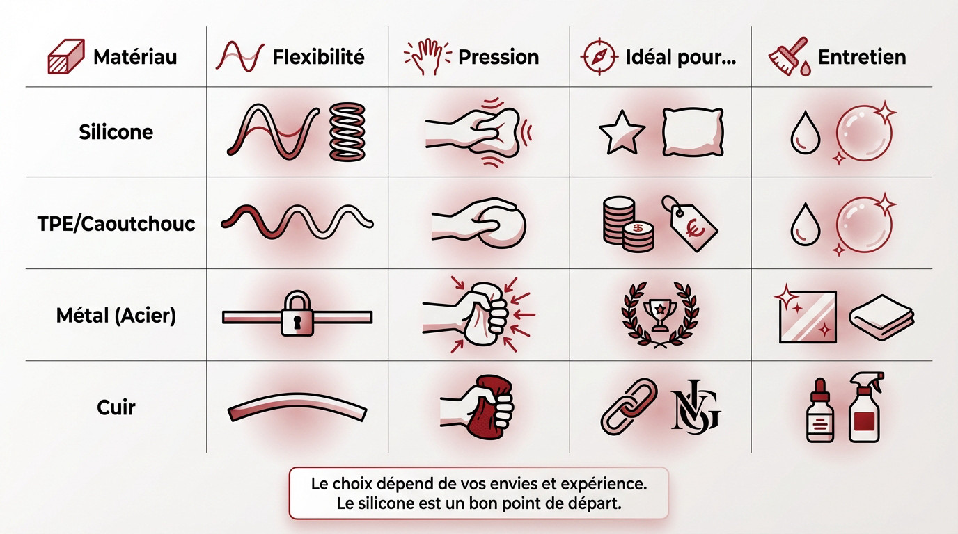 Comparaison des matériaux de cockrings : silicone, métal, cuir et leurs propriétés