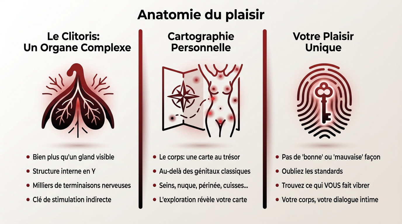 Schéma illustrant l'anatomie interne du clitoris et les zones érogènes féminines