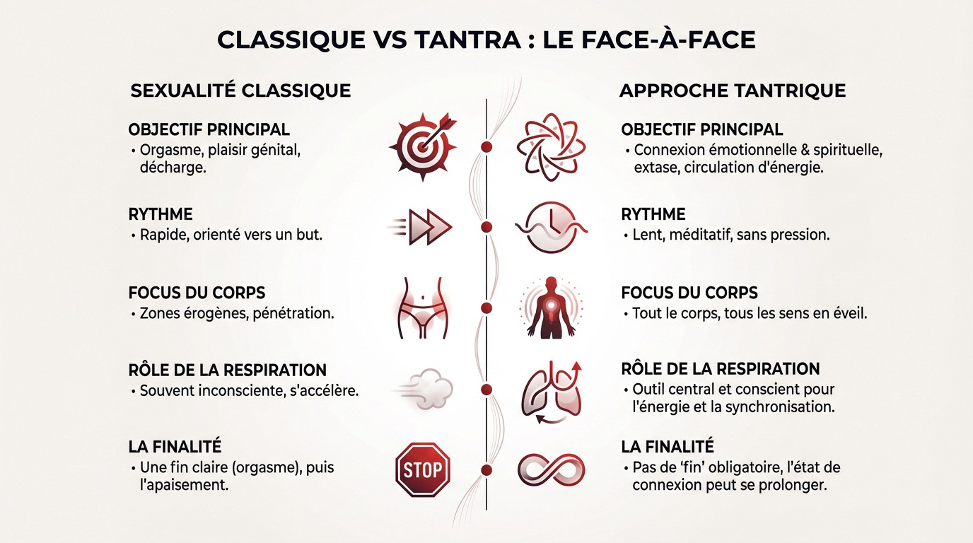 Comparaison visuelle entre sexualité classique et approche tantrique
