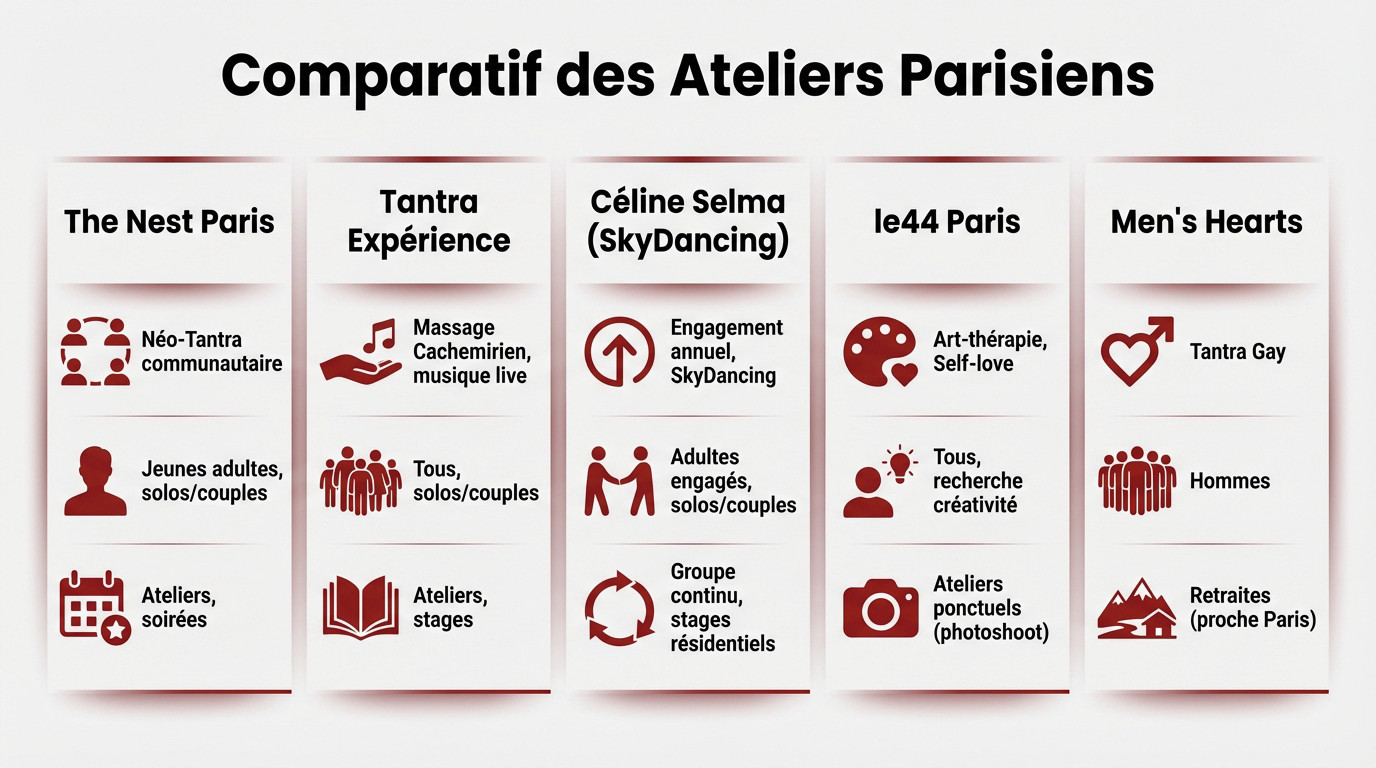Tableau comparatif des meilleurs ateliers de tantra à Paris en 2026