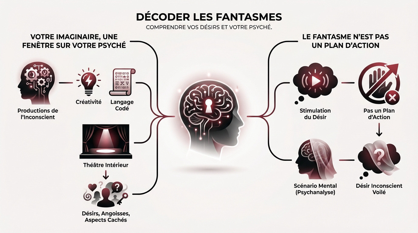 Illustration symbolique d'un esprit humain décodant la signification des fantasmes et les désirs inconscients