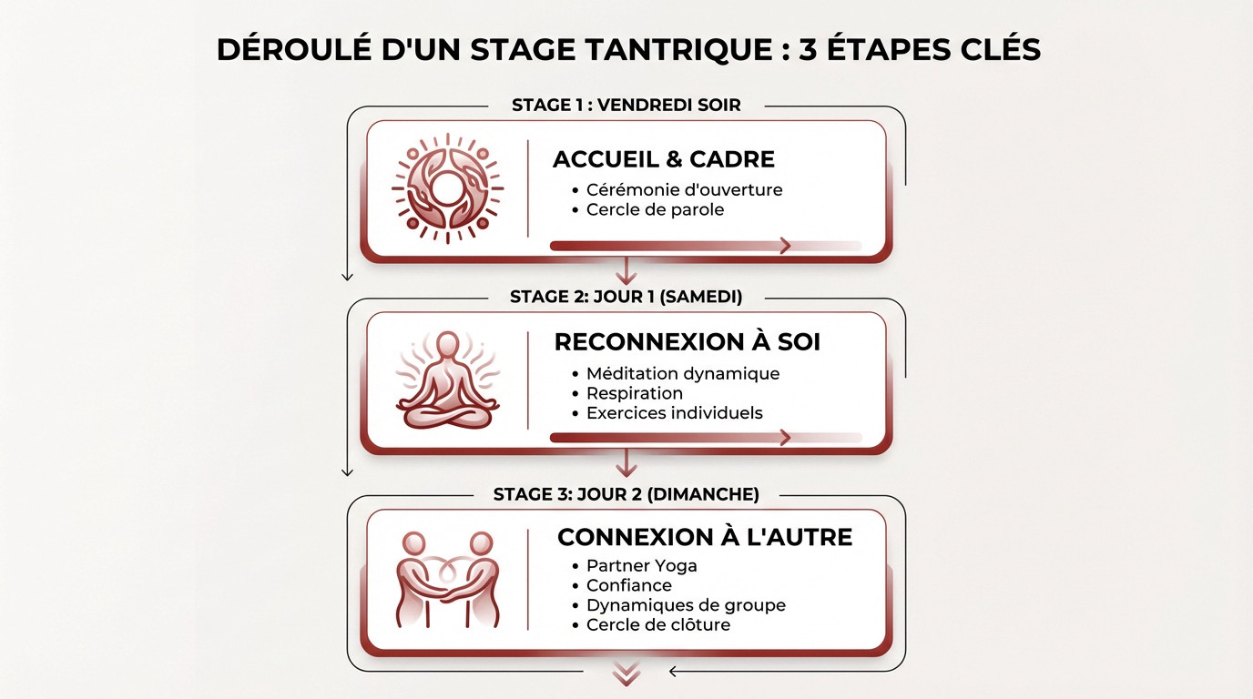 Schéma illustrant les trois étapes clés du déroulement d'un stage de tantra sur un week-end
