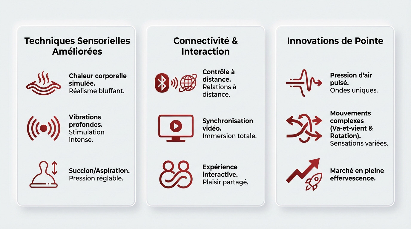 Infographie présentant les options high-tech des masturbateurs pour homme : chauffant, vibrant, aspirant et connecté