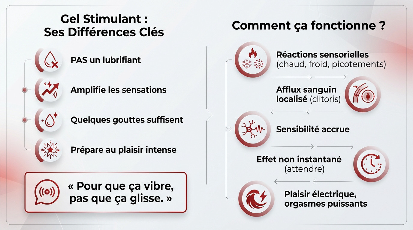 Schéma comparatif expliquant les différences clés entre un lubrifiant classique et un gel orgasmique stimulant