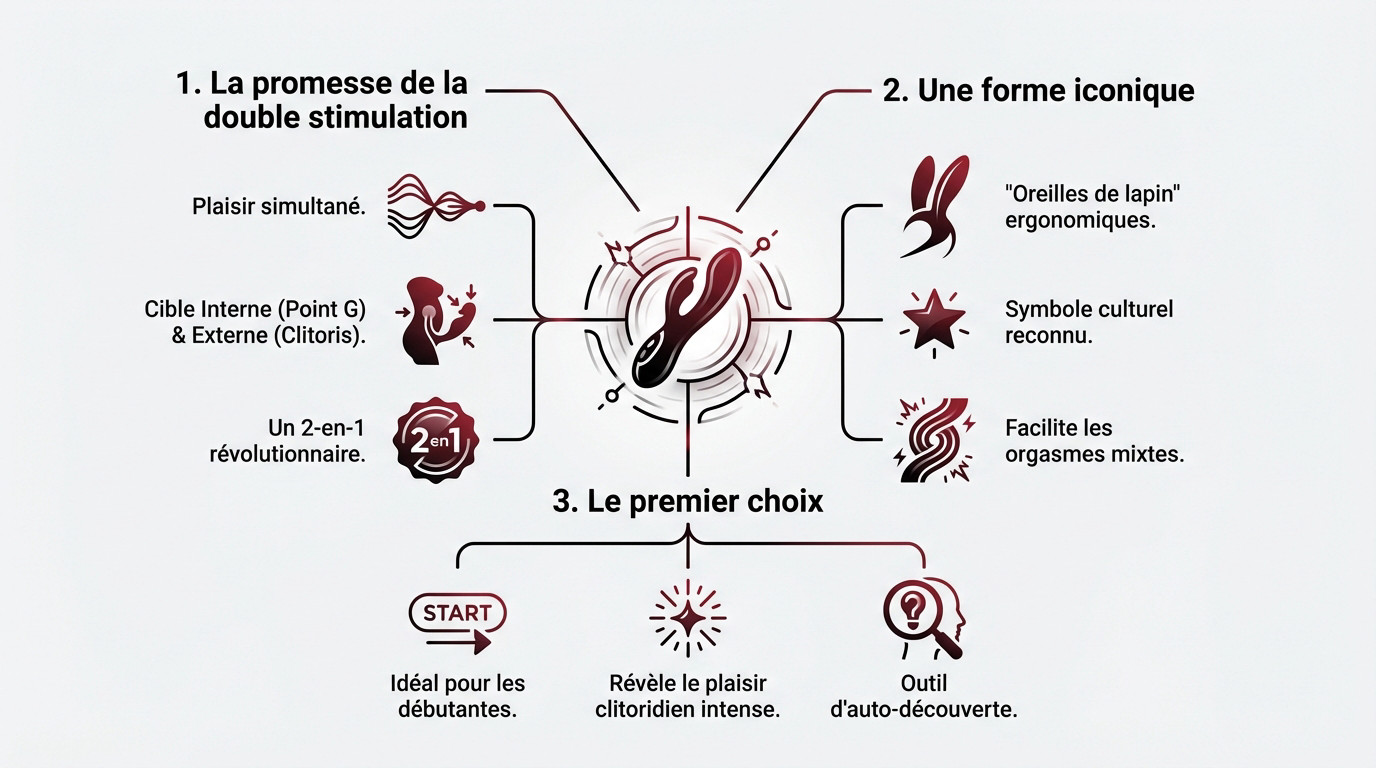 Infographie illustrant la double stimulation et l'ergonomie du vibromasseur rabbit