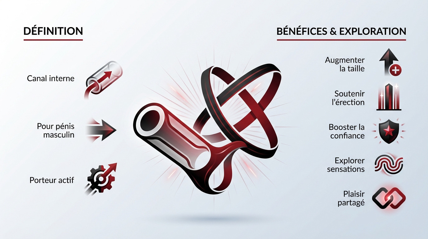 Schéma explicatif d'un gode ceinture creux montrant le manchon pénien et le harnais pour couple