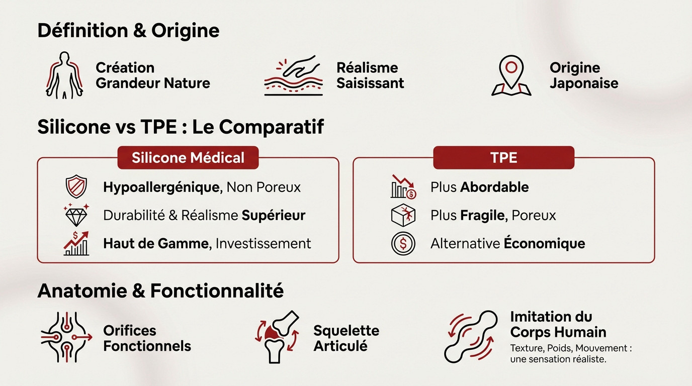 Comparaison détaillée des matériaux et de l'anatomie d'une poupée réaliste en silicone