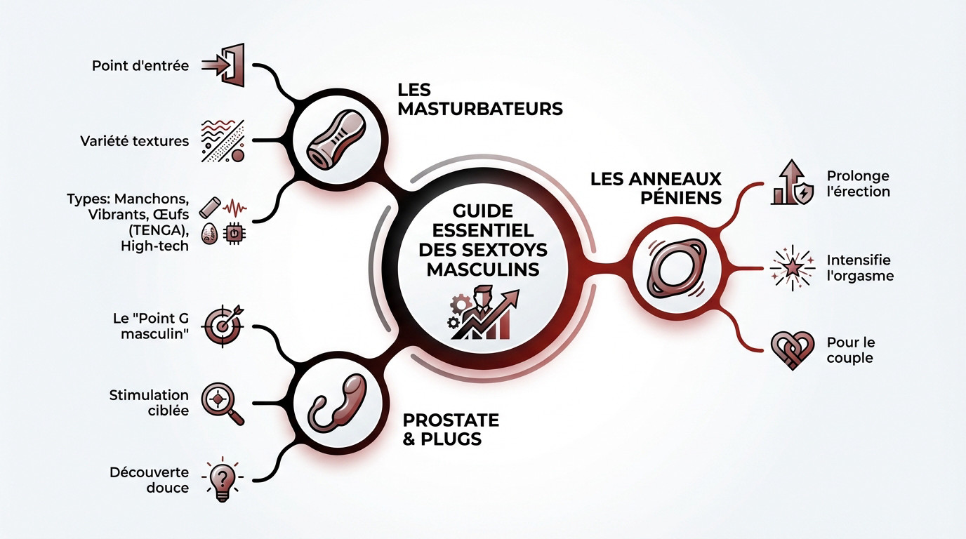 Guide visuel des différents types de sextoys pour hommes : masturbateurs, anneaux et stimulateurs