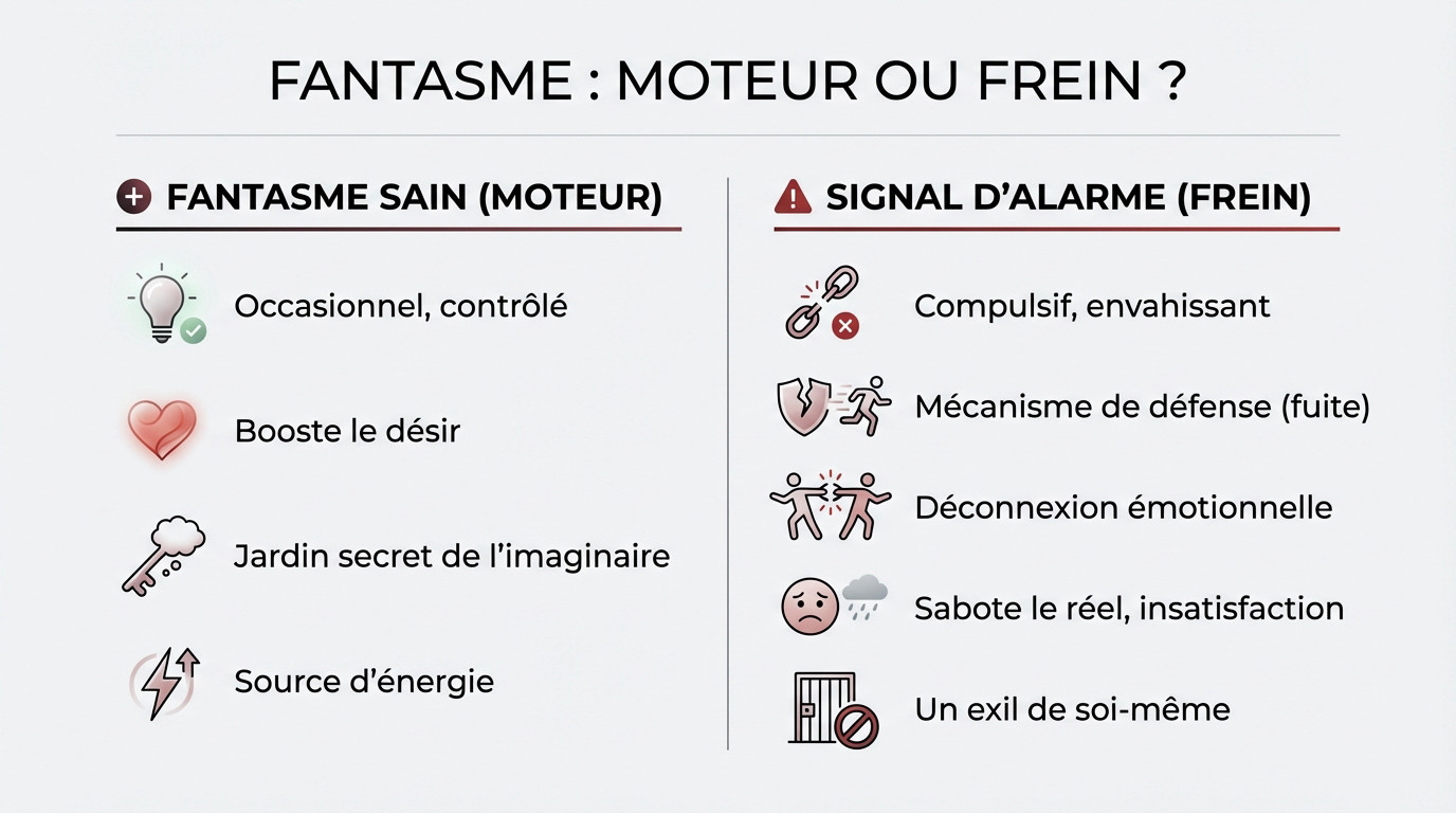 Schéma illustrant la différence entre un fantasme sain qui stimule le couple et un fantasme compulsif qui agit comme un frein relationnel