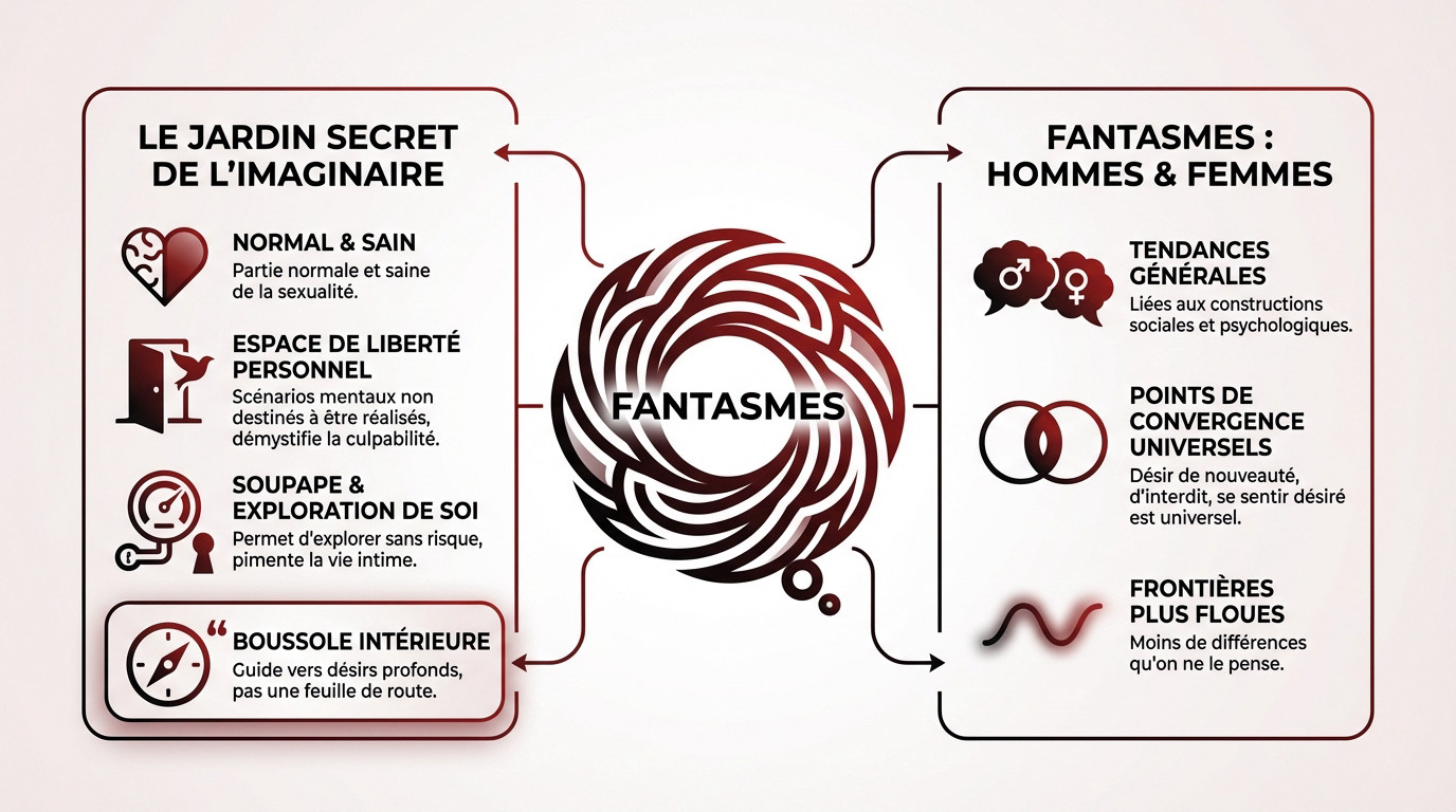 Illustration symbolique montrant la dualité et les points communs des fantasmes entre hommes et femmes