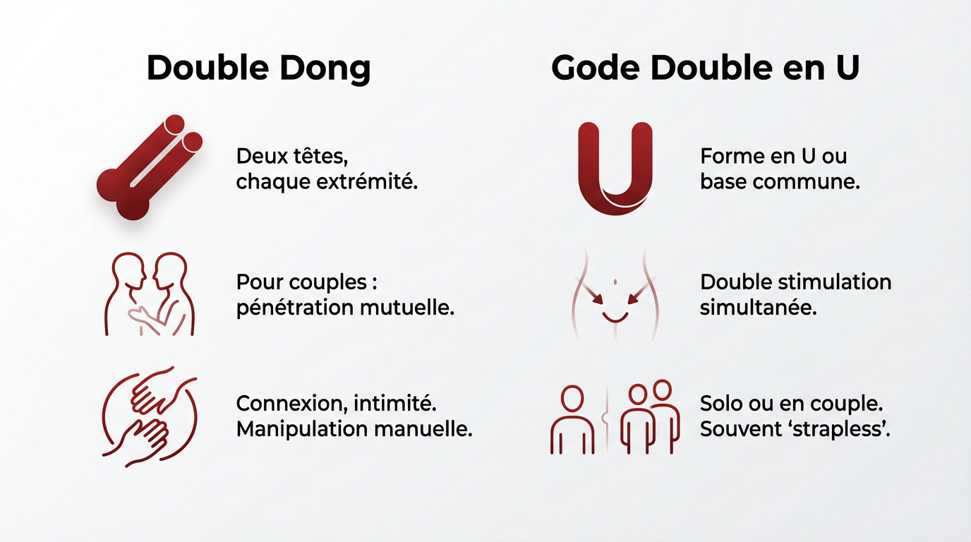 Comparaison visuelle entre un double dong classique et un gode double en forme de U pour choisir le bon sextoy
