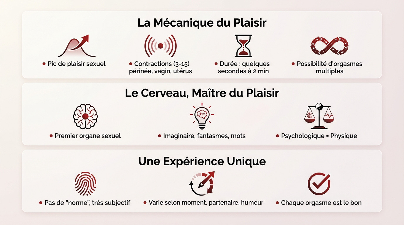 Schéma illustrant la mécanique de l'orgasme féminin, le rôle du cerveau et l'unicité du plaisir