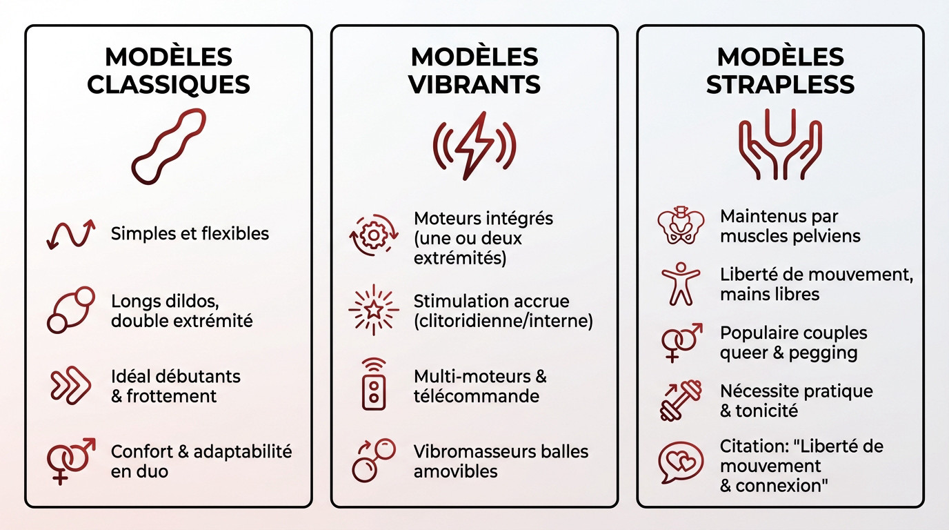 Infographie présentant les différents types de godes doubles : classiques, vibrants et strapless