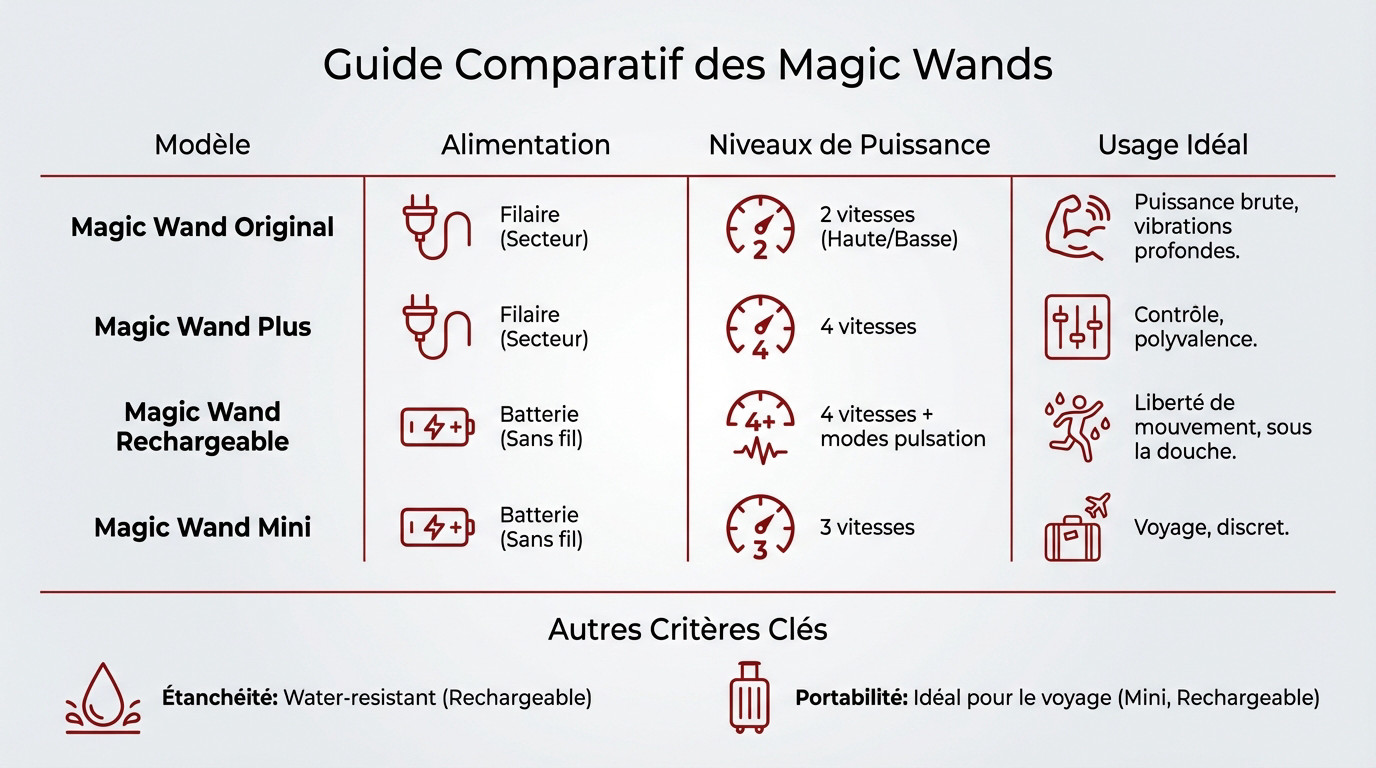 Comparatif des différents modèles de vibromasseurs Magic Wand : Original, Plus, Rechargeable et Mini