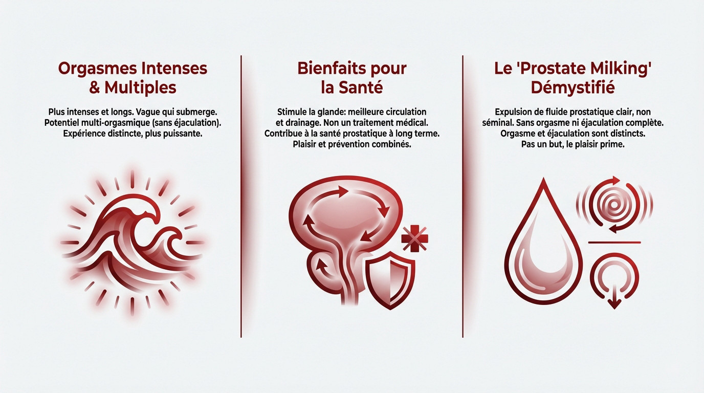 Infographie illustrant les avantages de la stimulation prostatique et démystifiant les idées reçues sur la santé masculine