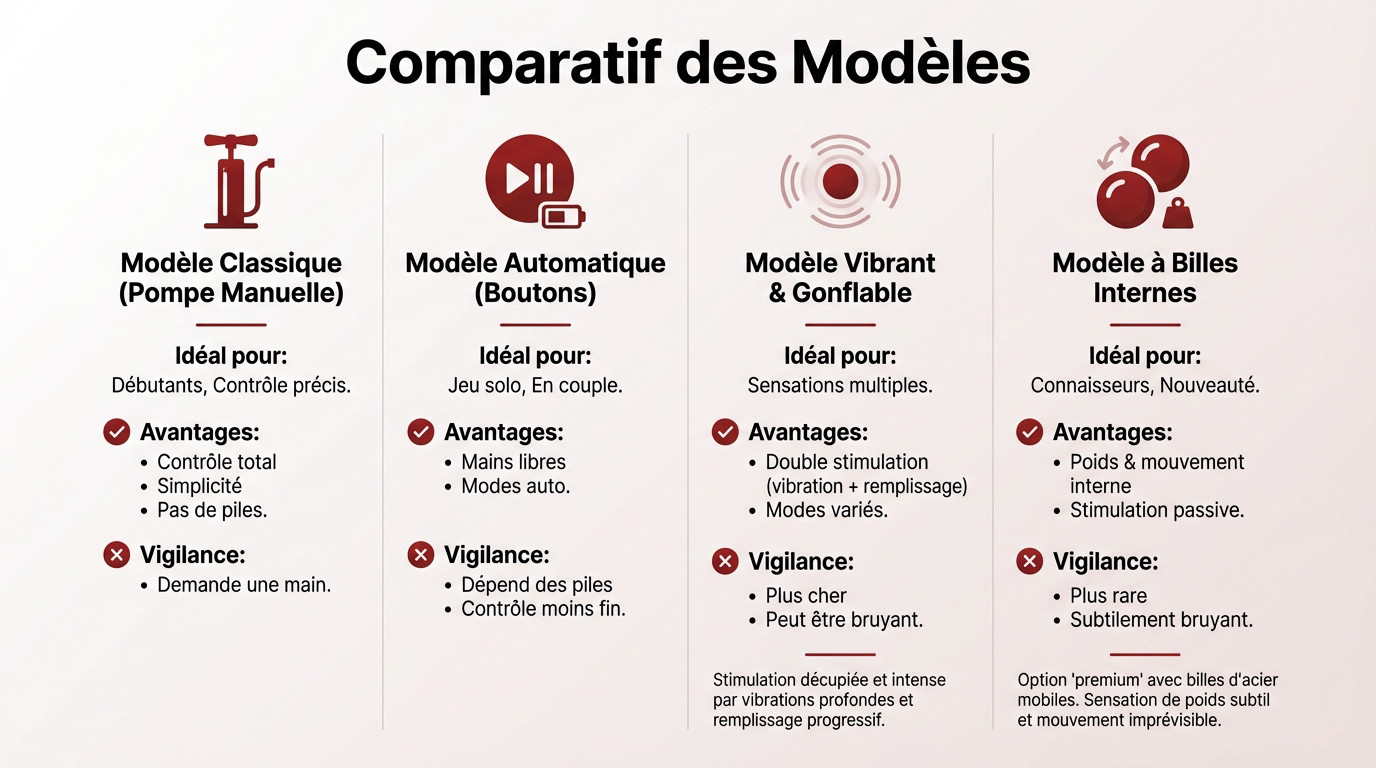 Tableau comparatif des différents types de plugs anaux gonflables et leurs caractéristiques principales