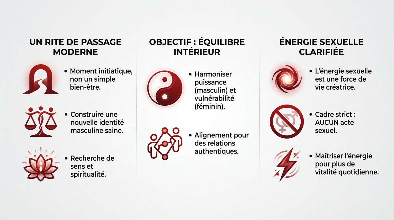 Infographie explicative sur le déroulement et les bienfaits d'un atelier tantra dédié aux hommes