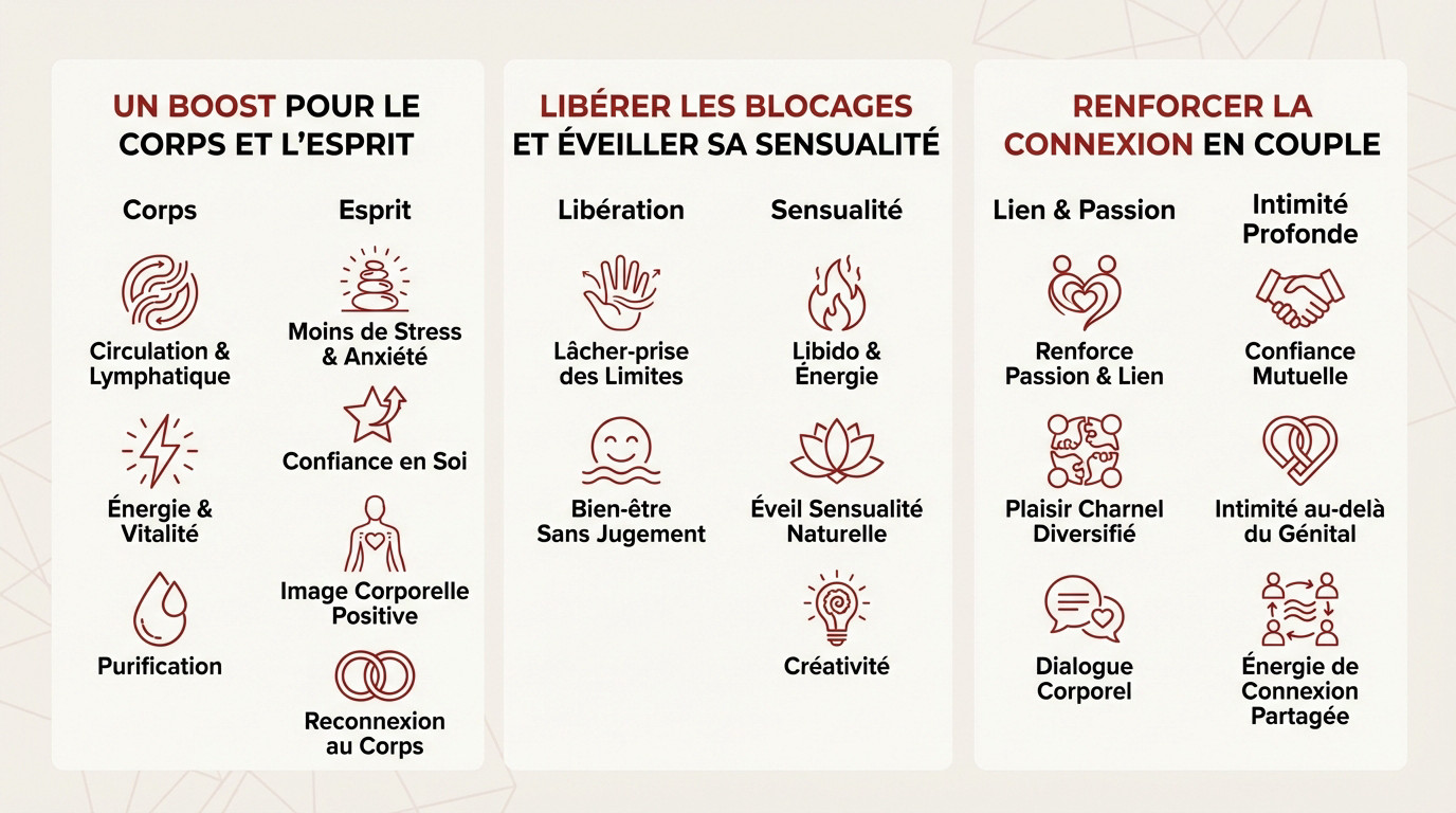 Infographie illustrant les bénéfices holistiques du massage tantrique pour soi et le couple