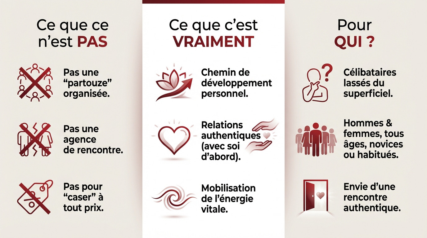 Infographie explicative : ce qu'est un stage de tantra pour célibataires, ce que ce n'est pas et à qui il s'adresse