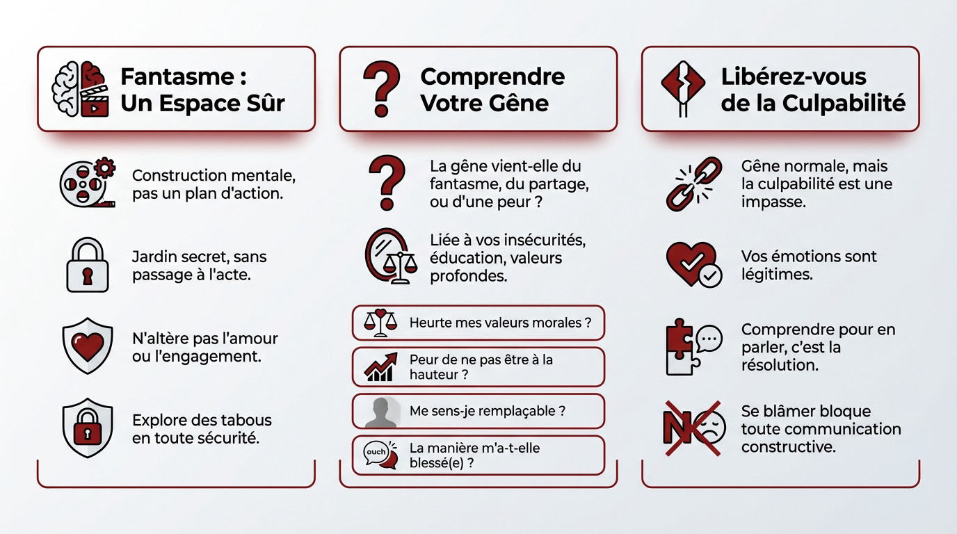 Infographie expliquant les étapes pour comprendre et gérer la gêne face au fantasme de son partenaire