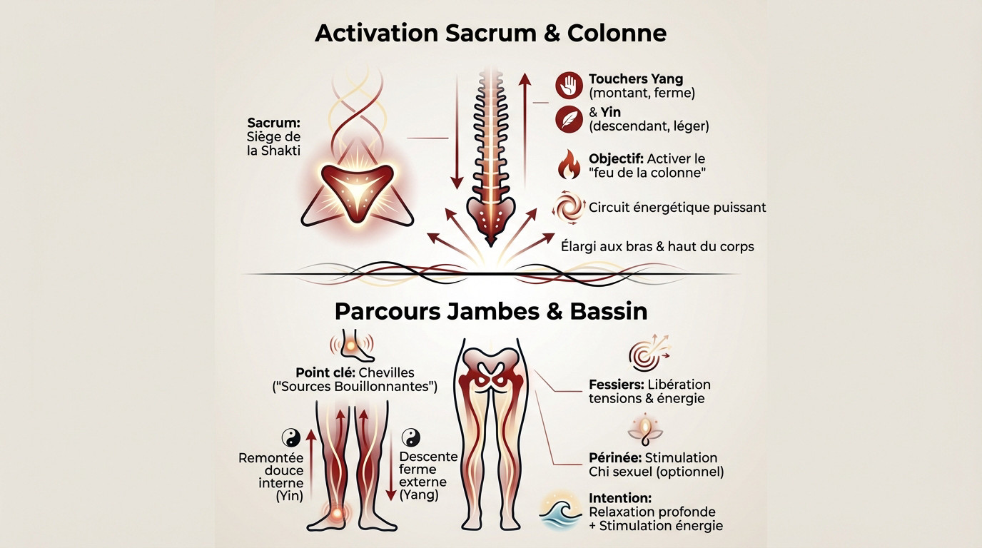 Schéma illustrant les flux d'énergie le long de la colonne vertébrale lors d'un massage dorsal