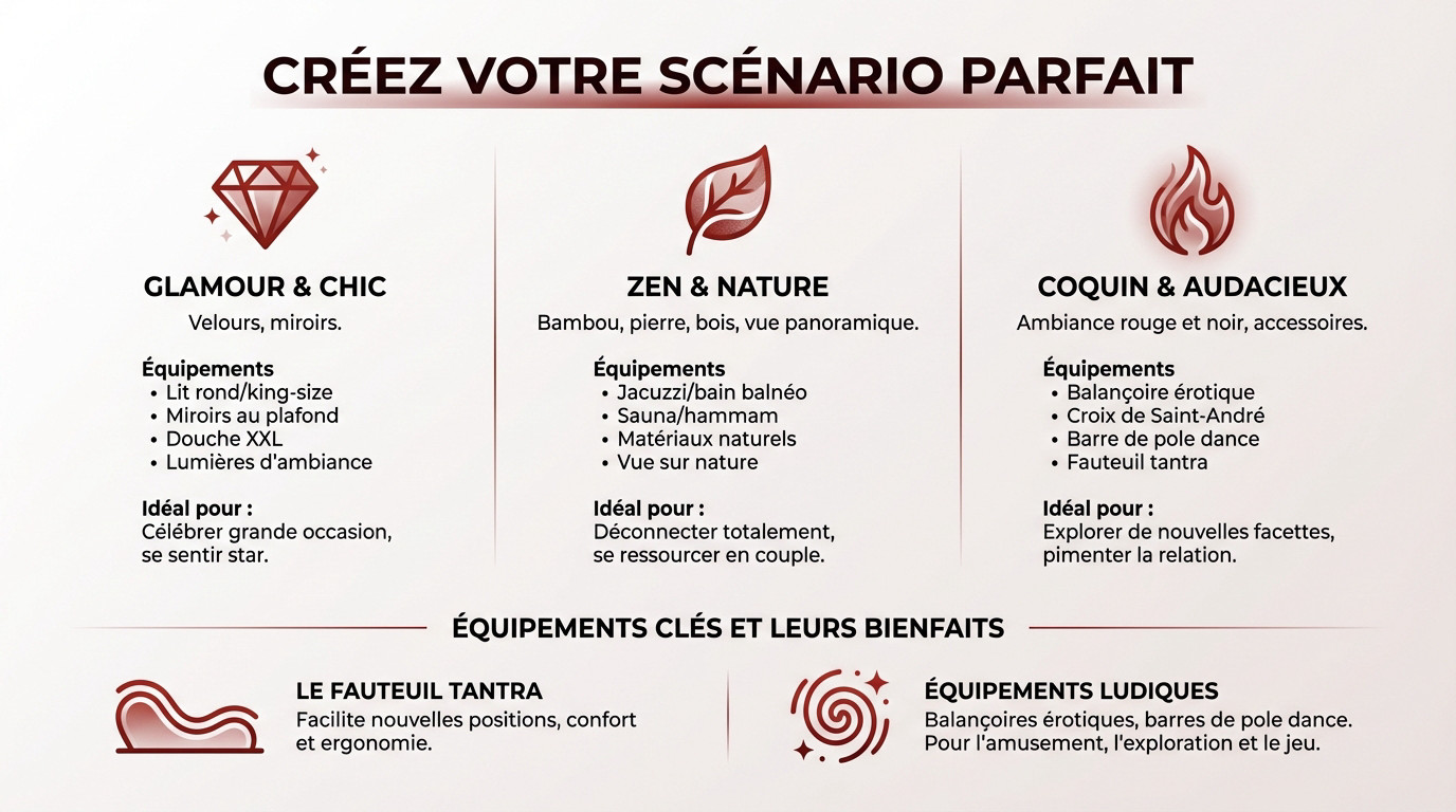 Infographie présentant les différents scénarios et équipements typiques d'une love room : glamour, zen et coquin