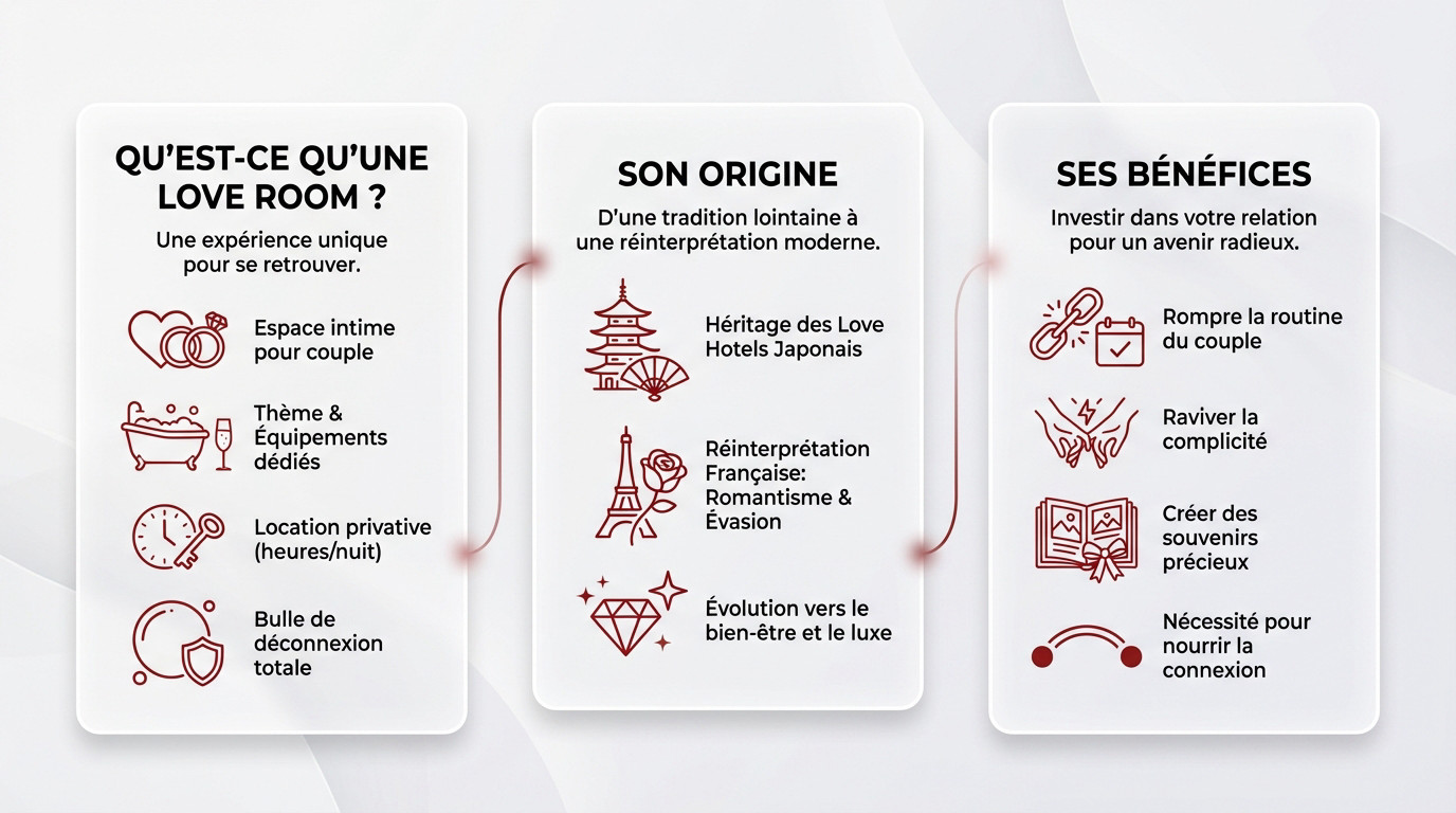 Infographie expliquant le concept et les avantages d'une love room pour les couples
