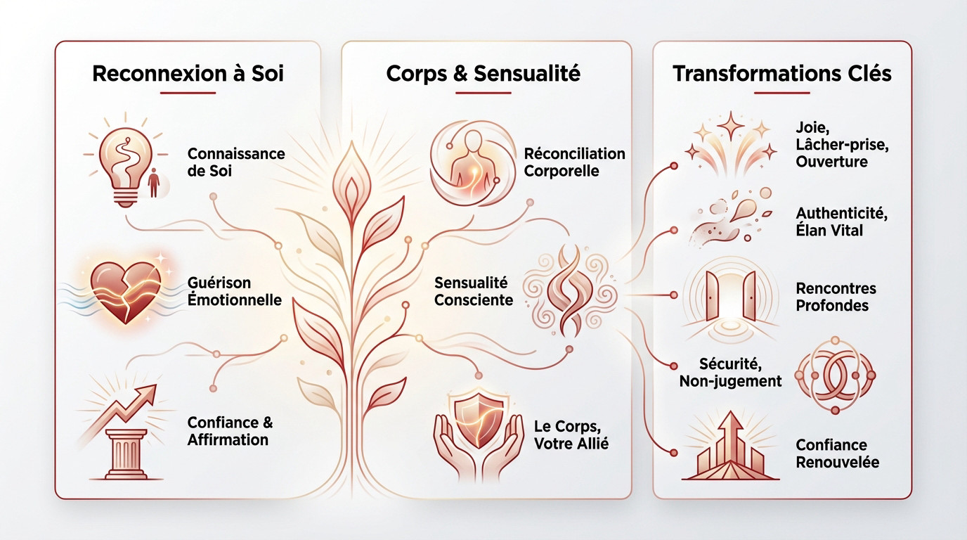 Infographie illustrant le chemin vers la transformation personnelle et la reconnexion à soi