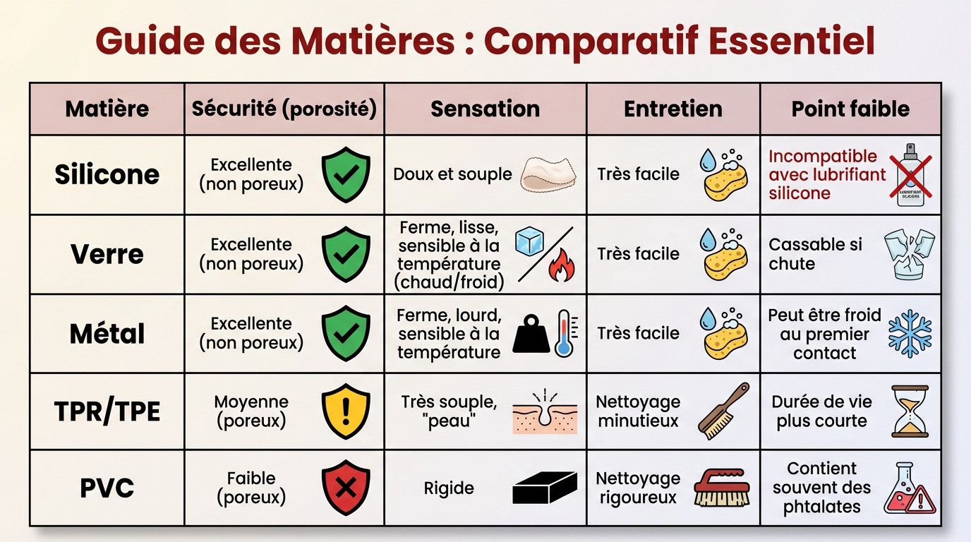 Tableau comparatif des matières de godemichets : silicone, verre, métal, TPR et PVC