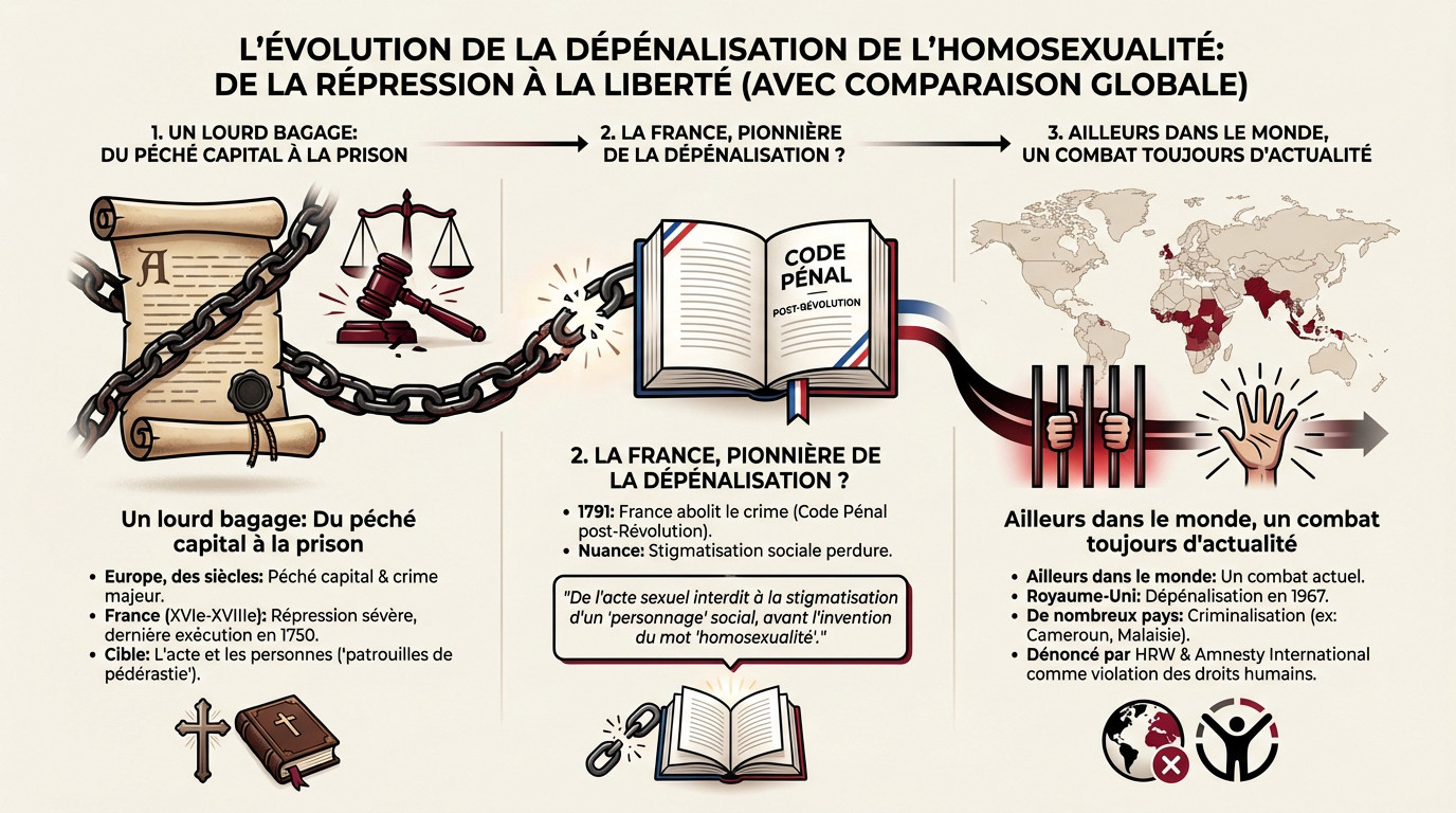Illustration historique montrant l'évolution de la répression de la sodomie vers la liberté